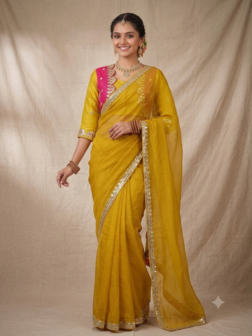 Gota patti ready blouse silk siffon saree