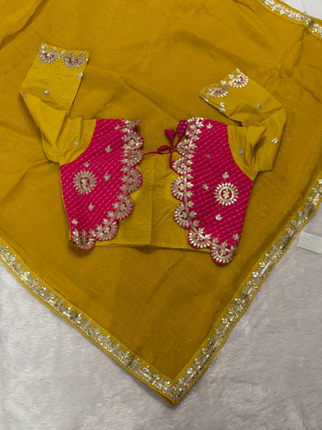 Gota patti ready blouse silk siffon saree