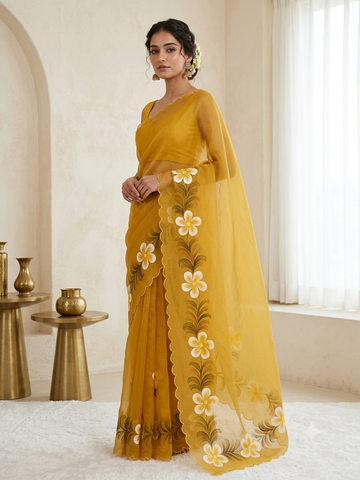Hand printed crush siffon saree