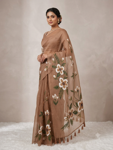 Hand print orgenza silk saree