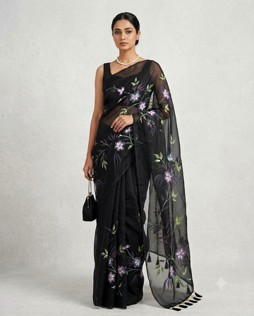 Hand printed orgenza silk saree