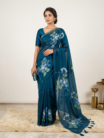 Hand printed orgenza silk saree