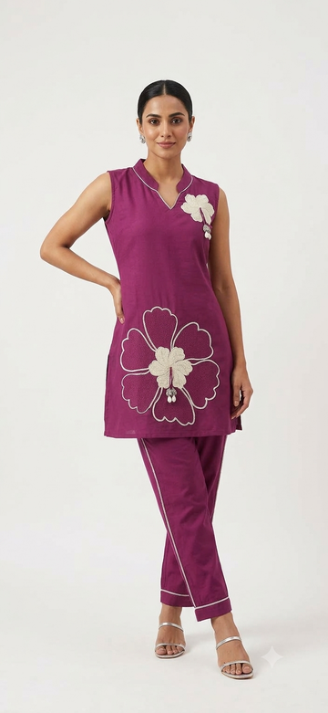 Maroon Embroidered Kurti & Plazo Cord Set