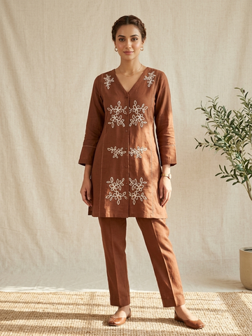 Rust Floral Embroidered Kurta Pant Co-Ord Set