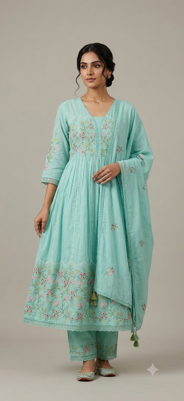 Sea Green Floral Embroidered Anarkali Kurti Set