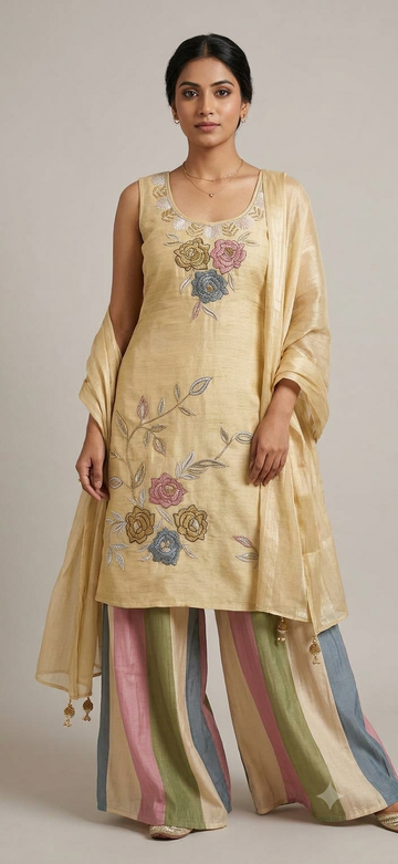 Pastel Floral Embroidered Kurta Pant Dupatta Set