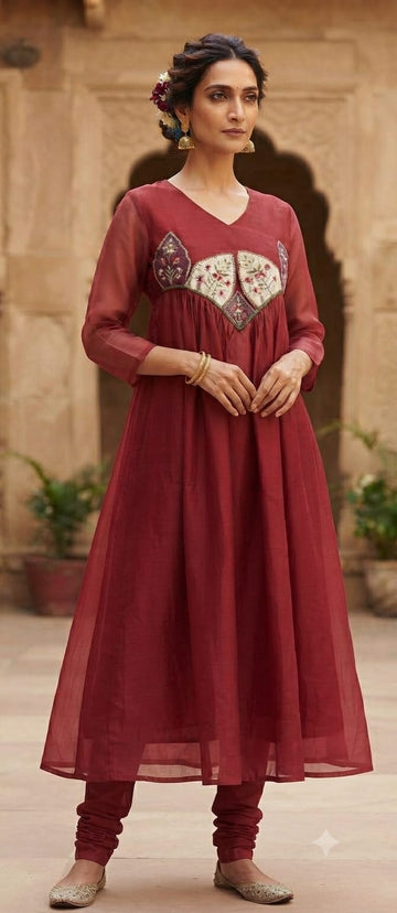 Maroon Roman Silk Embroidered Anarkali Kurti Pant Set