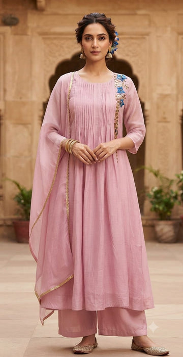 Pastel Pink & Mint Green Mul Chanderi Embroidered Anarkali Suit Set
