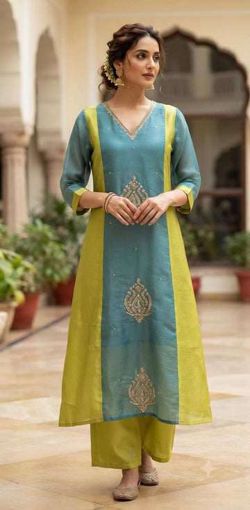 Teal Blue & Lime Green Mul Chanderi Embroidered A-Line Suit Set