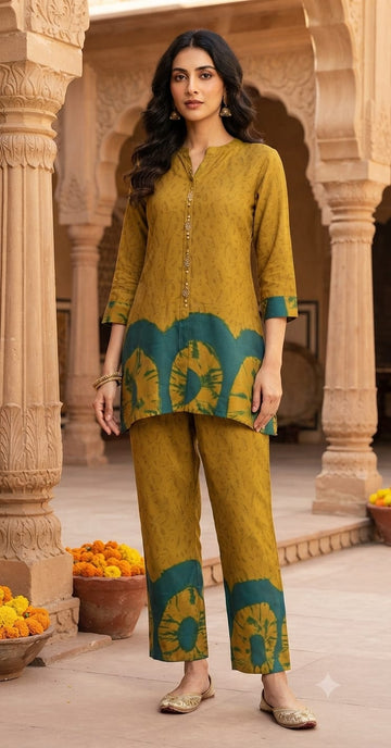 Mustard Yellow & Teal Green Printed Co-Ord Set for Women