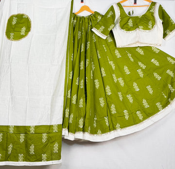 Elegant Cotton Printed Lehenga with Stitched Blouse & Dupatta – Green & White