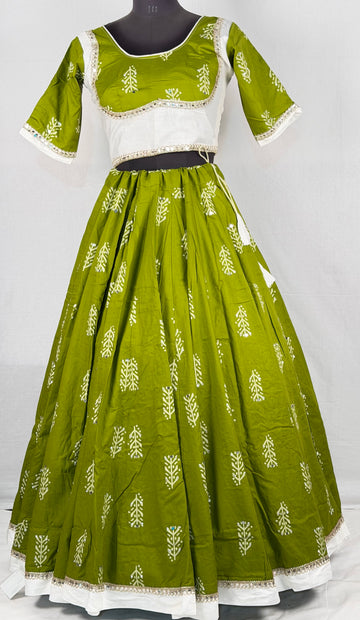 Elegant Cotton Printed Lehenga with Stitched Blouse & Dupatta – Green & White