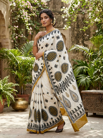 Beige & Mustard Mul Cotton Saree | Disshania