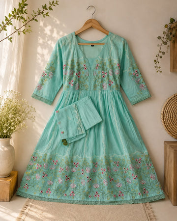 Sea Green Floral Embroidered Anarkali Kurti Set