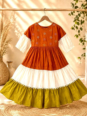 Rust Orange & Olive Green Tiered Anarkali Dress