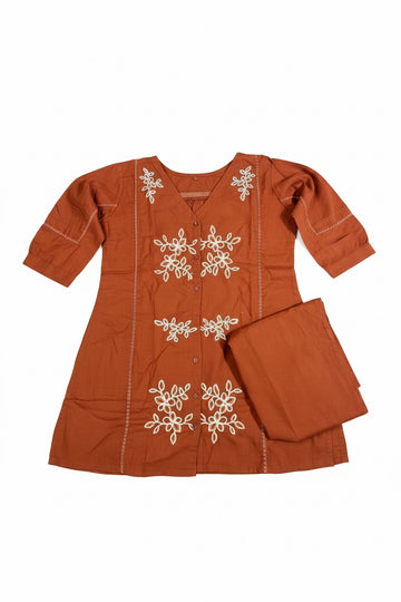 Rust Floral Embroidered Kurta Pant Co-Ord Set