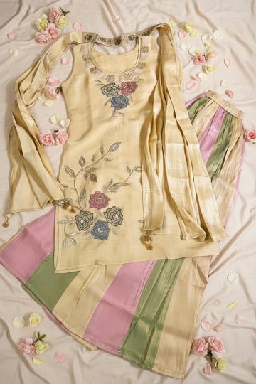 Pastel Floral Embroidered Kurta Pant Dupatta Set