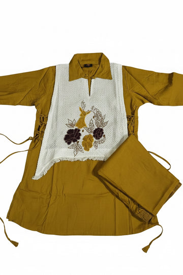 Mustard Embroidered Kurta Pant Set with Printed Overlay
