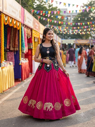 Magenta Full Flare Roman Silk Lehenga with Stitched Cotton Blouse