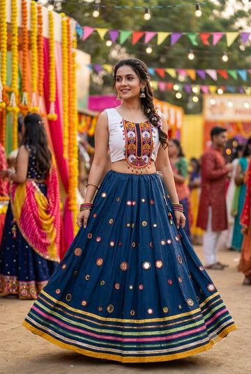 Navy Blue Full Flare Rayon Lehenga with Stitched Cotton Blouse