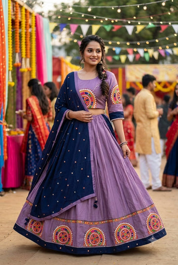 Lavender Full Flare Roman Silk Lehenga with Real Kutchhi Work, Stitched Blouse & Dupatta