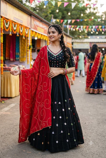 Black Full Flare Cotton Lehenga with Stitched Blouse & Dupatta