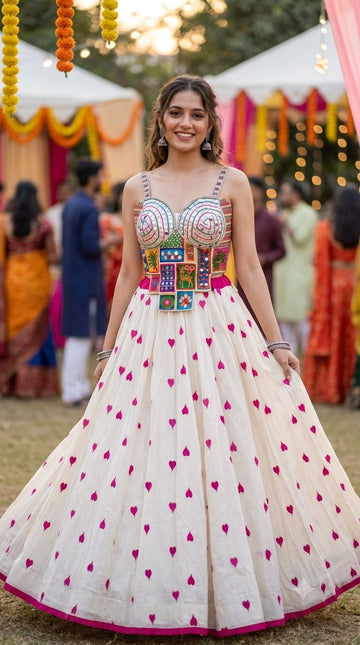 Ivory Full Flare Lehenga with Real Mirror Work Embroidered Blouse