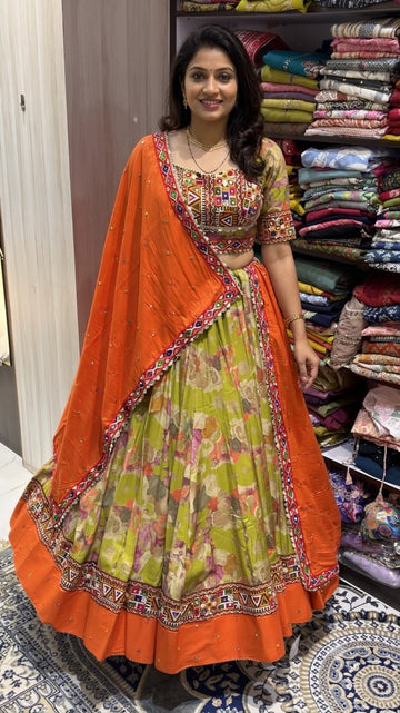 Orange & Green Floral Printed Lehenga Choli with Kutch Embroidery & Dupatta – 8+ Meter Flair