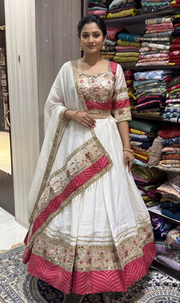 White & Pink Floral Embroidered Lehenga Choli with Dupatta – 8+ Meter Flair