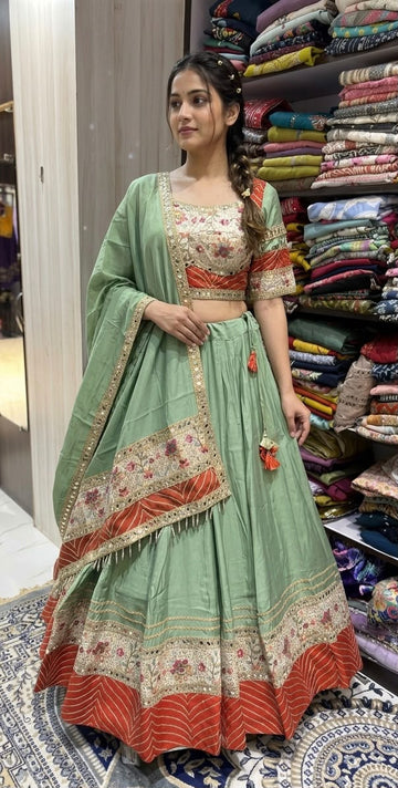 Mint Green & Rust Floral Embroidered Lehenga Choli with Dupatta – 8+ Meter Flair