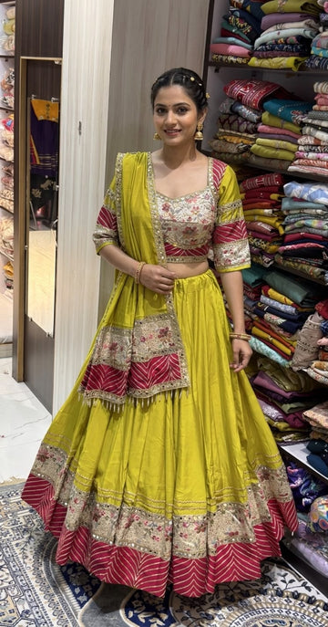 Lime Green & Maroon Floral Embroidered Lehenga Choli with Dupatta – 8+ Meter Flair