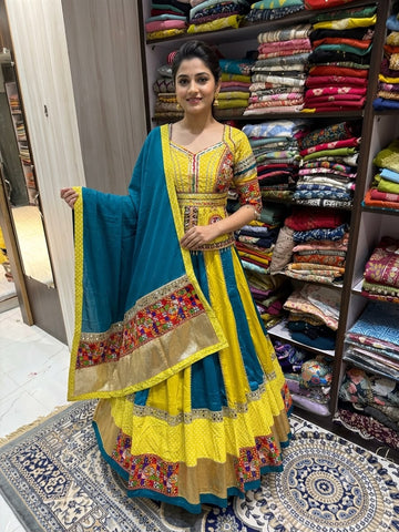 Teal Blue & Yellow Embroidered Lehenga Choli with Dupatta – 10 Meter Flair