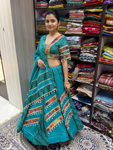Teal Blue Embroidered Gujarati Lehenga Choli with Dupatta – 10 Meter Flair