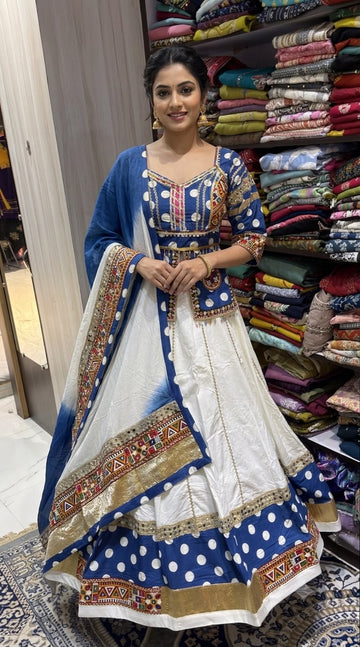 Royal Blue & White Gujarati Embroidered Lehenga Choli with Dupatta – 8+ Meter Flair