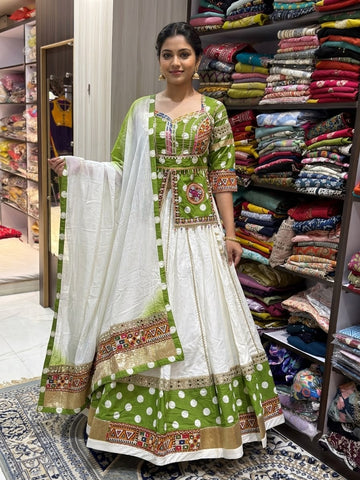 Pista Green & White Gujarati Embroidered Lehenga Choli with Dupatta – 8+ Meter Flair