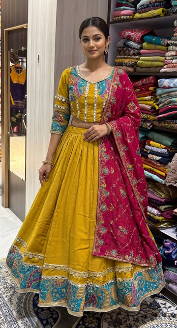 Mustard Yellow & Rani Pink Embroidered Lehenga Choli with Dupatta – 8+ Meter Flair
