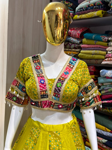 Mustard Yellow Gujarati Embroidered Lehenga Choli with Dupatta – 10 Meter Flair