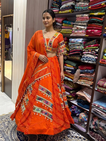 Orange Gujarati Embroidered Lehenga Choli with Dupatta – 10 Meter Flair