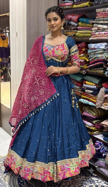 Navy Blue & Pink Embroidered Lehenga Choli with Dupatta – 10 Meter Flair