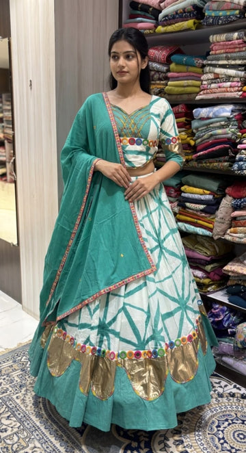 Teal Green & White Printed Lehenga Choli with Dupatta – 8+ Meter Flair