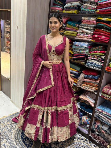 Wine & Beige Printed Lehenga Choli with Dupatta – 8+ Meter Flair