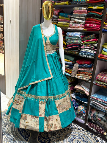 Teal Blue Full Flare Lehenga with Printed Patchwork Border & Dupatta