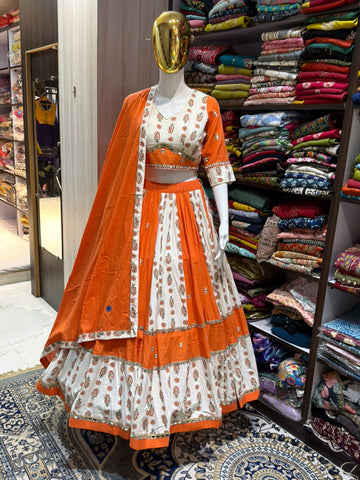 Orange & White Printed Full Flare Lehenga with Stitched Blouse & Dupatta