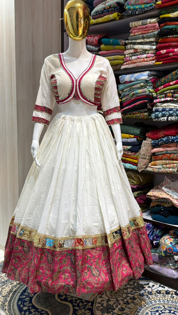 White & Wine Full Flare Lehenga with Printed Border Blouse & Dupatta