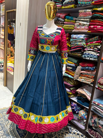 Navy Blue & Pink Full Flare Lehenga with Embroidered Blouse & Dupatta