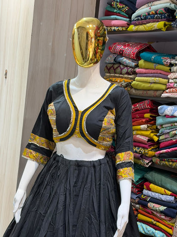 Black Full Flare Lehenga with Gold Embroidered Border & Designer Blouse