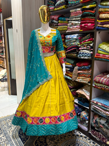 Yellow & Teal Full Flare Lehenga with Embroidered Blouse & Dupatta