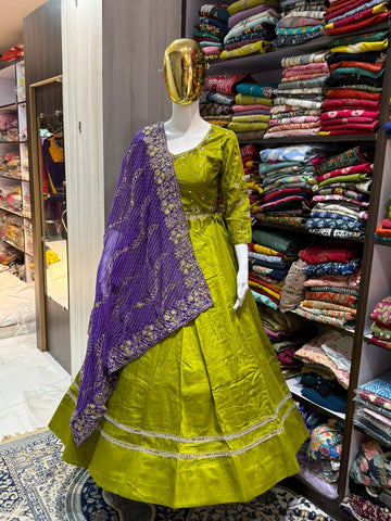 Lime Green Full Flare Lehenga with Embroidered Blouse & Purple Dupatta