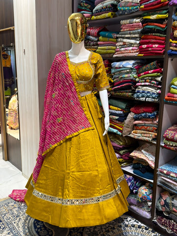 Mustard Yellow Embroidered Lehenga with Mirror Work Blouse & Dupatta