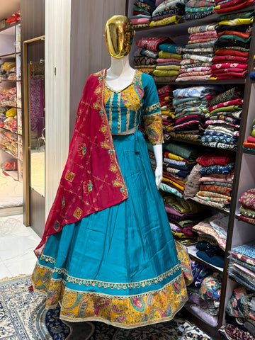 Turquoise Blue Embroidered Lehenga with Stitched Blouse & Dupatta